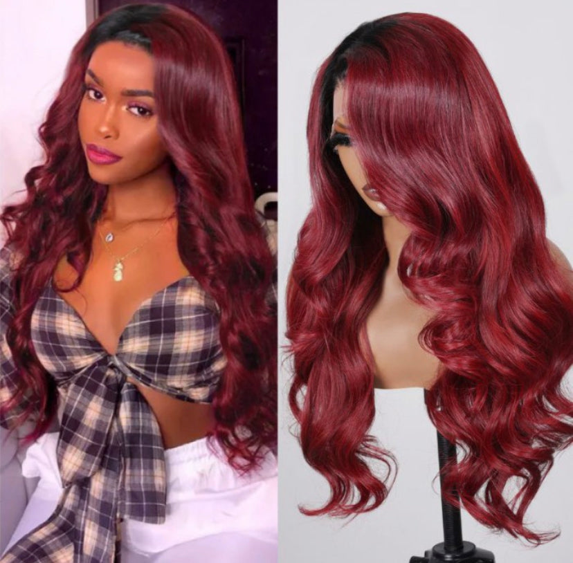 Lushlanes 13×4 Lace Front Burgundy Red With Dark Roots Body Wave Wig 150% Density