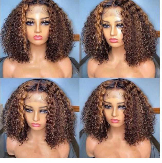 Lushlanes Balayage Blonde Faits Saillants P4/27 Bouclés Bob Perruque Courte Cheveux Humains Avant de Lacet Court Bob Perruques