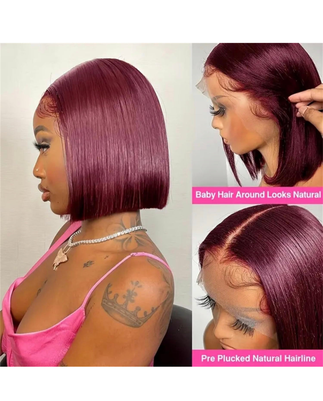 Lushlanes Short Straight Burgundy Human Hair Wigs 99j 13×4 Lace Front Wigs for Women, Light Bleached Knot, 180% Density, Human Hair Burgundy 99j