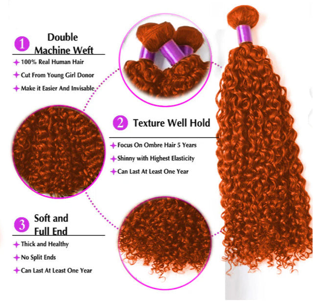 Lushlanes #350 Ginger
Kinky Curly 4 Bundles With 4X4 Lace Closure
Brazilian Remy Human Hair