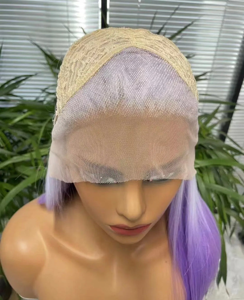 Lushlanes Ombre PurpleLong Fiber Wig Straight Straight 13 × 4 Lace Frontal perruque 150% Densité