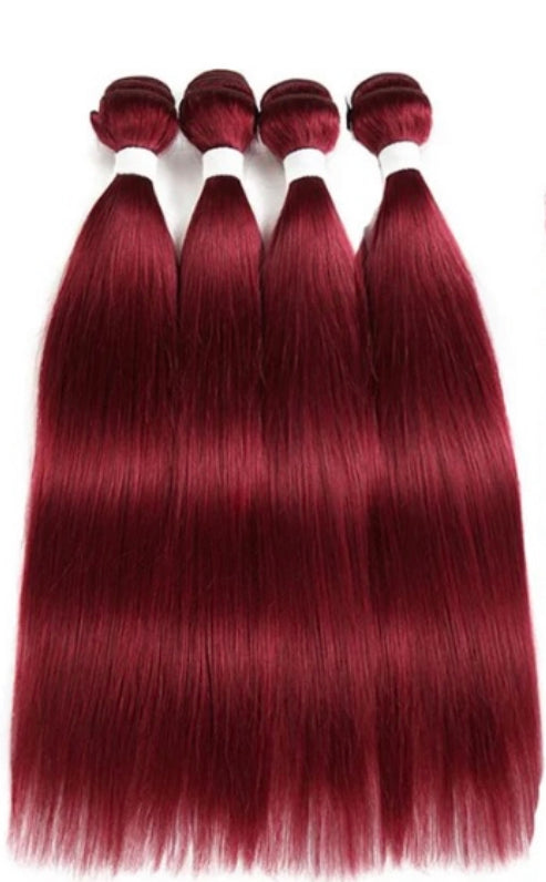 Lushlanes paquets rouges couleur burg cheveux raides 4 paquets avec fermeture à lacets 4 × 4 cheveux humains pré-colorés