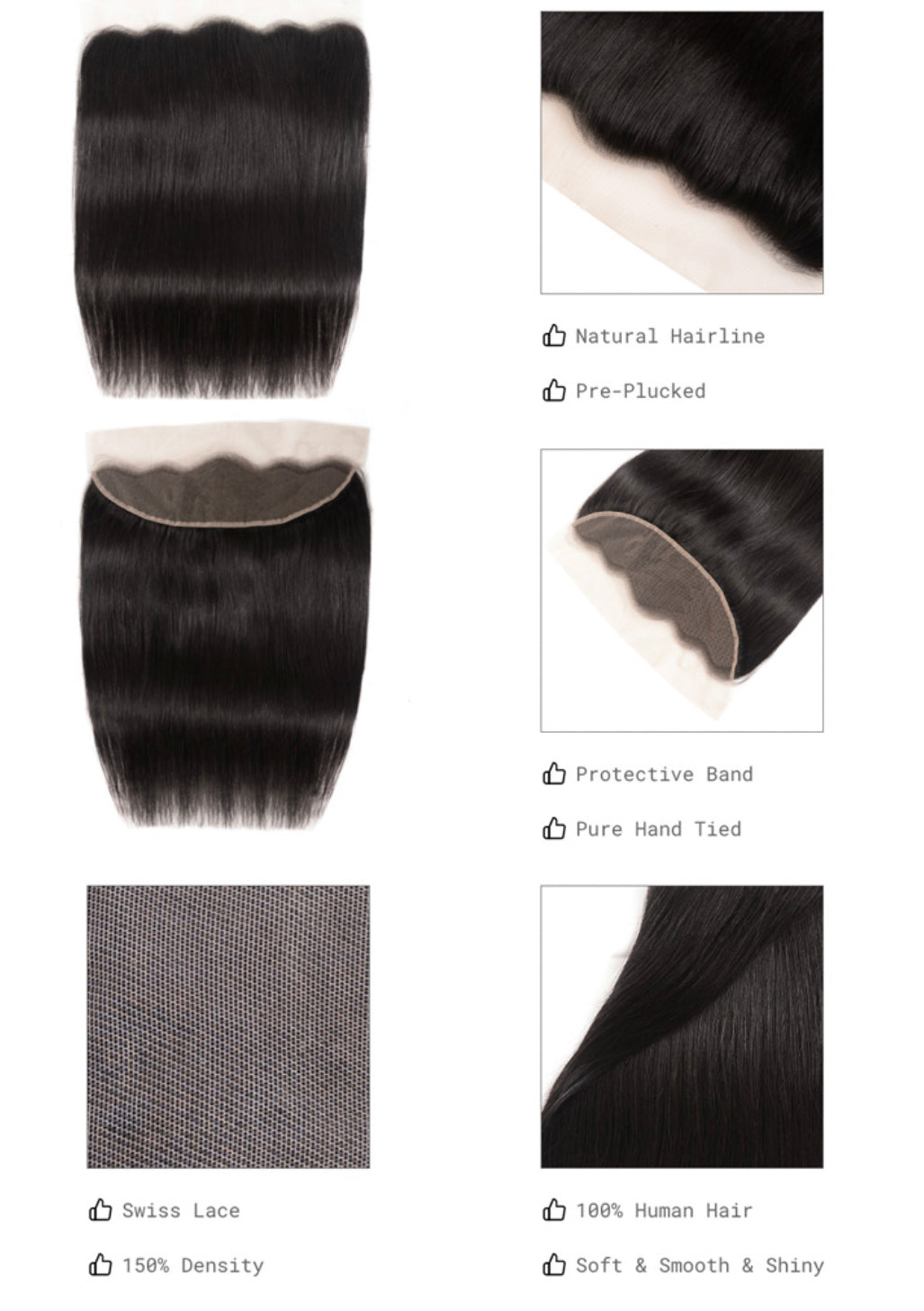 Lushlanes cheveux raides cheveux humains dentelle frontale 13x4