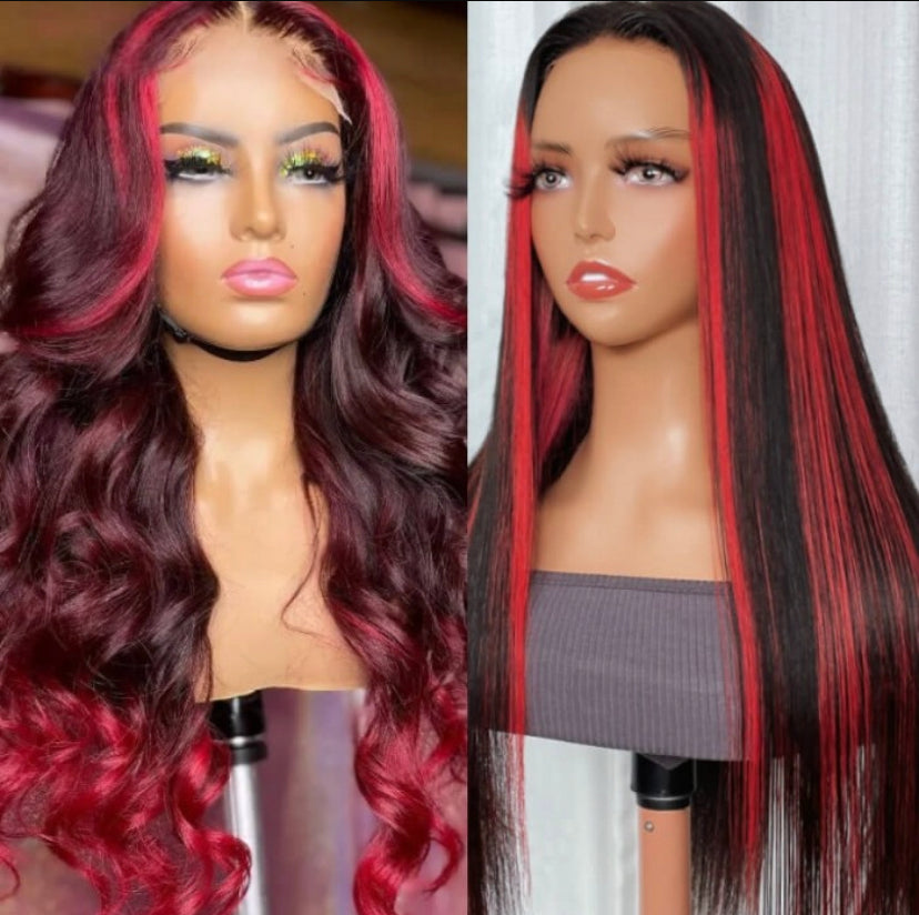Lushlanes Dark Burgundy With Rose Red Highlights 13×4 Transparent Lace Front Loose Wave Wig 150% Density