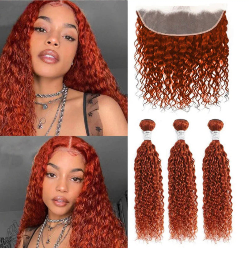 Lushlanes #350 Ginger Orange Water Wave 3 Bundles With 13x4 Transparent Lace Frontal