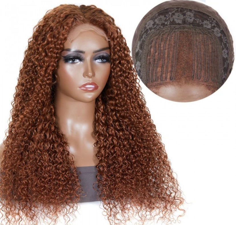 Lushlanes Medium Auburn Jerry Curly Human Hair Glueless Lace Wig 150%