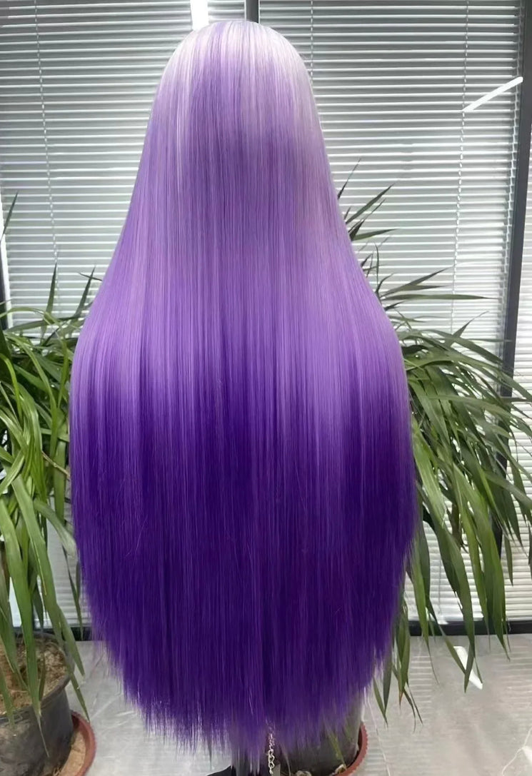 Lushlanes Ombre PurpleLong Fiber Wig Straight Straight 13 × 4 Lace Frontal perruque 150% Densité