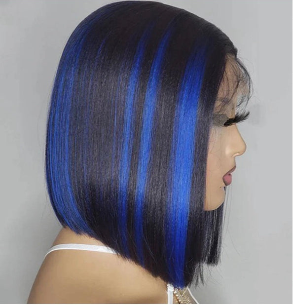 Lushlanes Highlight Blue 13x4 Lace Front Straight Bob Wig Humain Hair Transparent Lace Frontal Wigs For Black Women