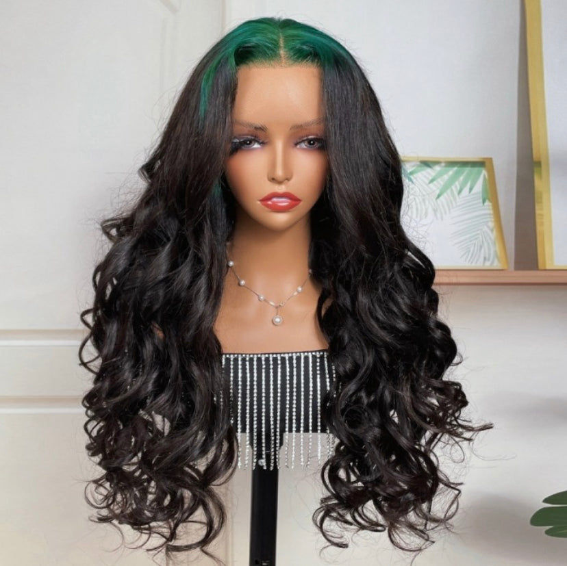 Lushlanes 13×4 Lace Front Neon Green Roots Black Hair Loose