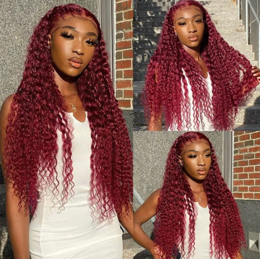 Lushlanes Red Wine Colored 99J Lace Wigs Jerry Curly Wig 150% 13×4 Lace