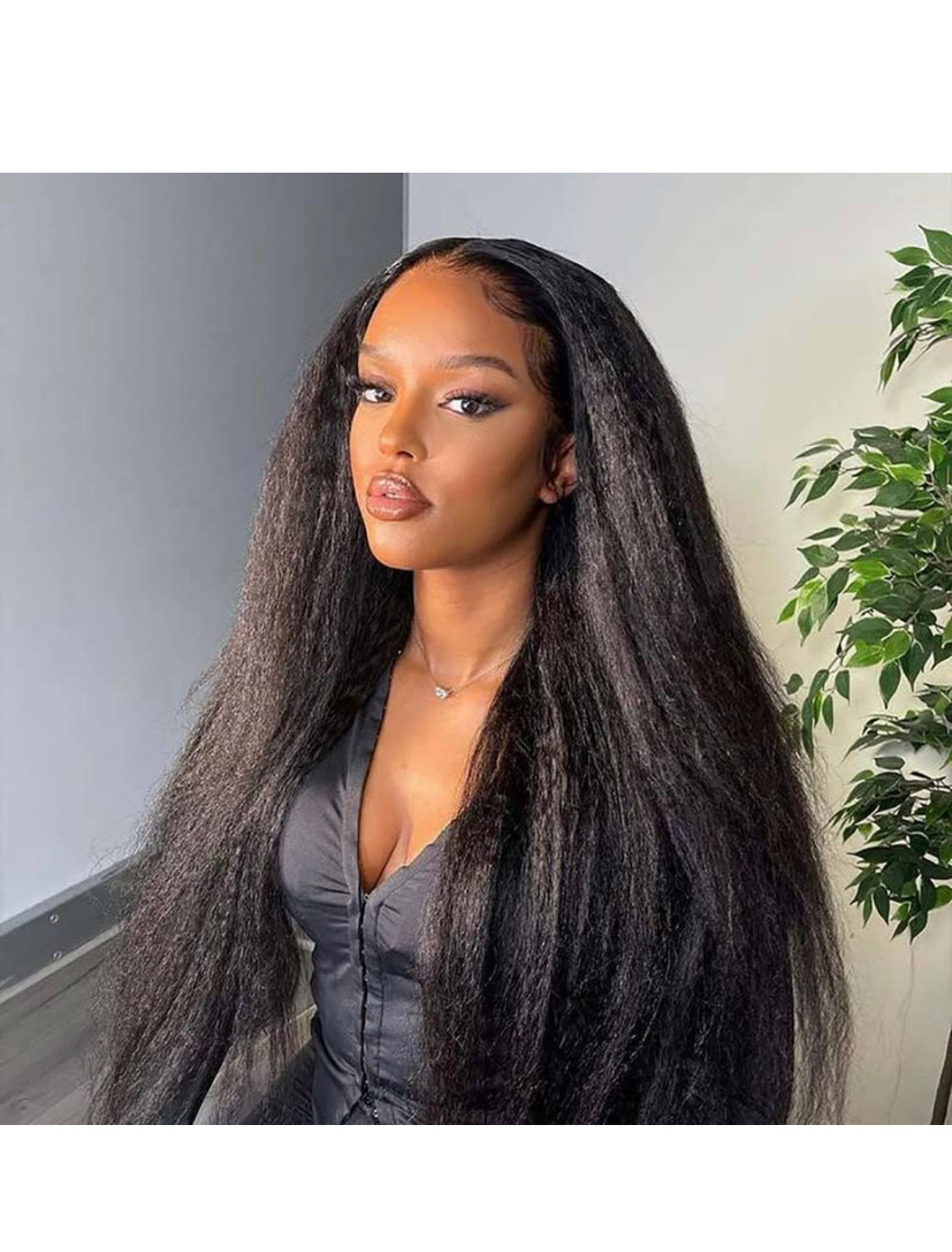 Lushlanes Straight Wigs for Black Women 13x4x1 T Part Wig Synthetic Glueless Lace Front Wigs Middle Part Kinky Afro Wigs Long Black Hair Transparent Lace Front Wig for Women Heat Resistant Fiber Natural Black Estilar Hair