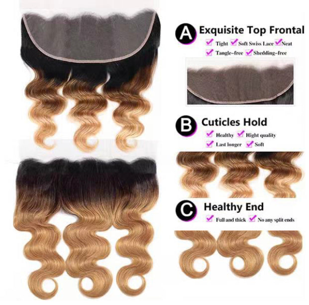 Lushlanes 1B/4/27 Body Wave 3 Bundles With 13X4 Lace Frontal Pre-colored for black women