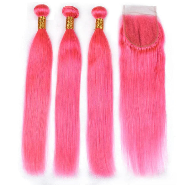 Lushlanes Light Pink Color Straight Hair 3 Bundles with 4x4 HD Lace Closure Human Hair Extensions
