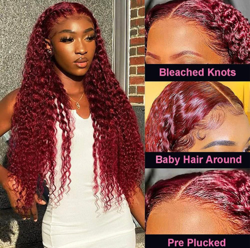 Lushlanes 99J Wig 4×4 Lace Closure WigsBurgundy Deep Wave Lace Front Wigs BrazilianHuman Hair Deep Curly Wigs for Black Women 180%
