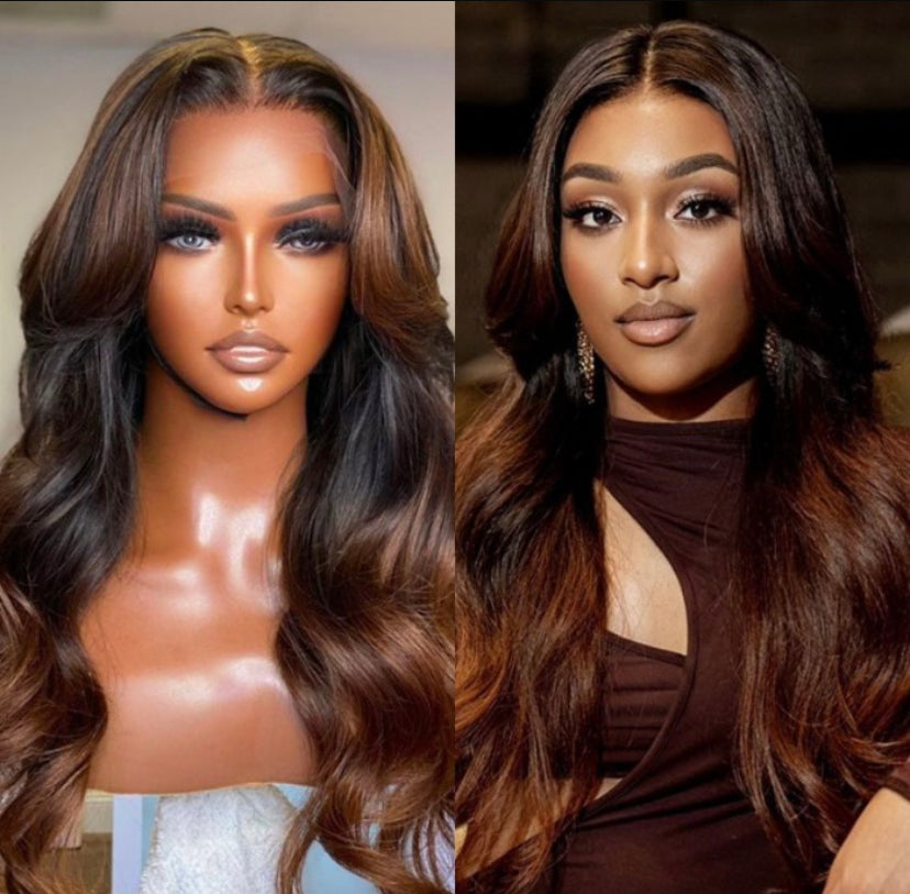 Lushlanes 13 × 4 Lace Front Toasted Caramel Ombre Body Wave Perruque
Aux racines sombres