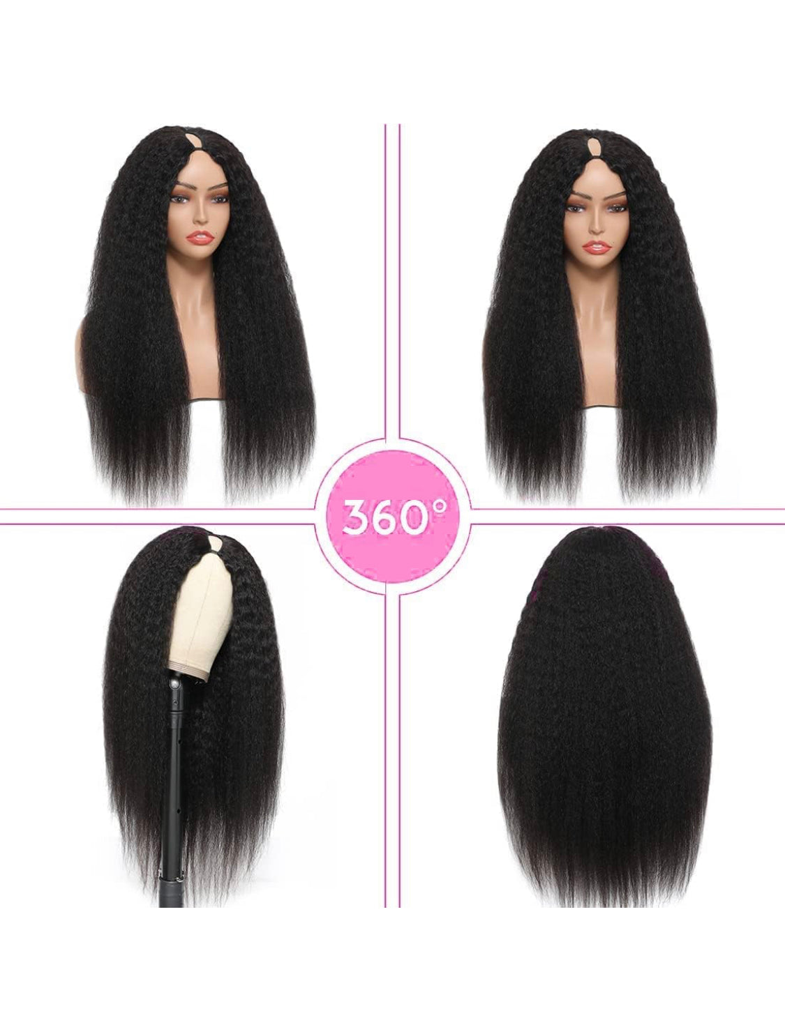 Lushlanes Perruques de cheveux humains V Part pour femmes noires, cheveux crépus raides 12A, cheveux vierges sans dentelle, perruques de cheveux humains, tête complète à clipser, demi-perruque 150 %