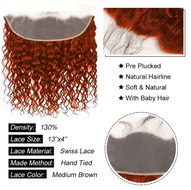 Lushlanes #350 Ginger Orange Water Wave 3 Bundles With 13x4 Transparent Lace Frontal