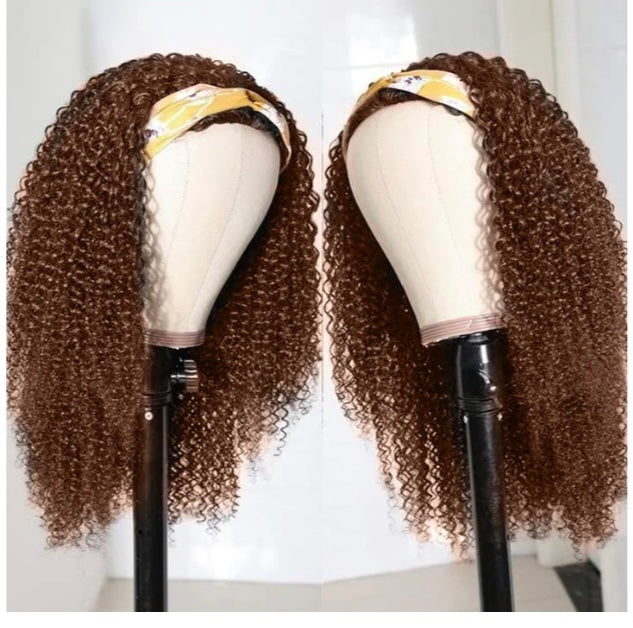 Lushlanes #4 Brown Kinky Curly Headband Human Hair Wigs Full Machine Made Wig None Lace