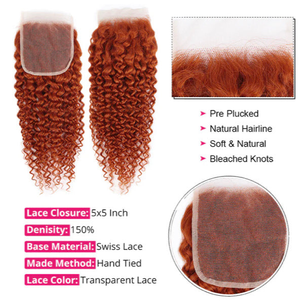 Lushlanes #350 Ginger
Kinky Curly 4 Bundles With 4X4 Lace Closure
Brazilian Remy Human Hair