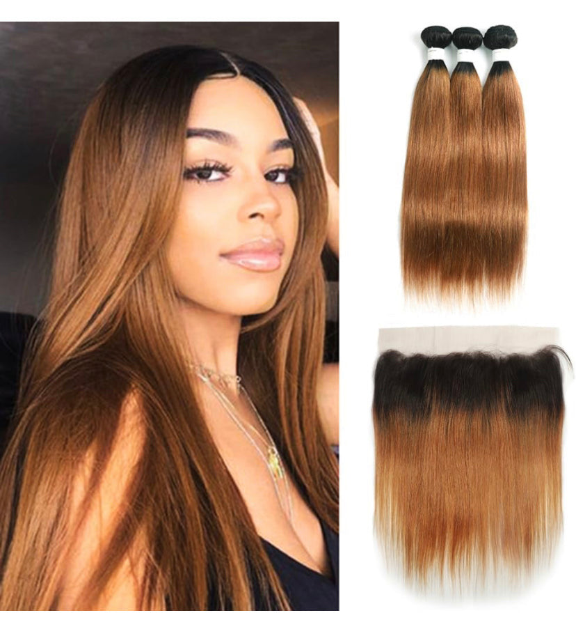 Lushlanes Hair Bundles
with Frontal Ombre Brown
T1B/30 Color Lace Frontal
Closure With Bundles
Remy 100% Human Hair
Weave With Frontal