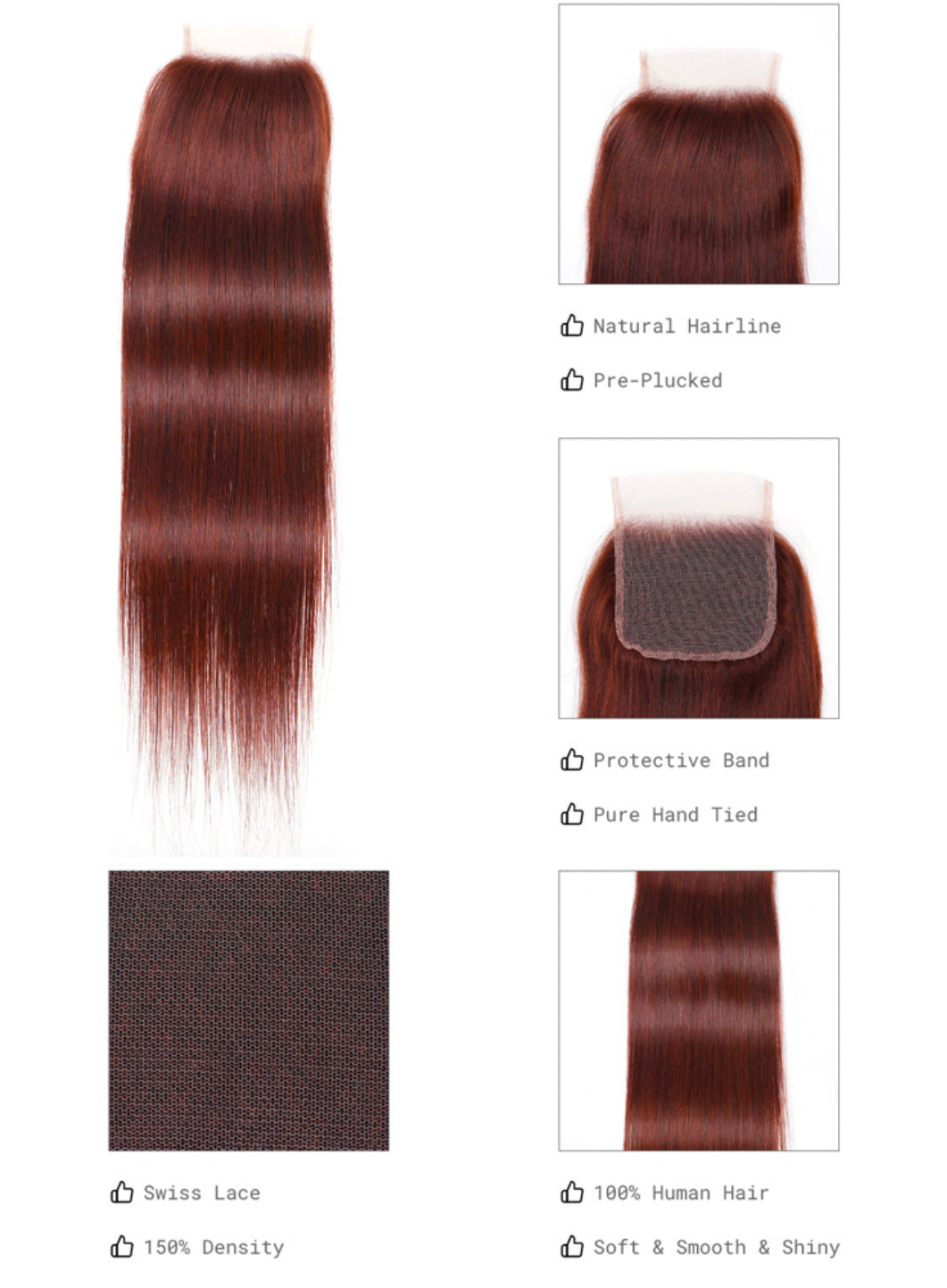 Lushlanes Reddish Brown Remy Hair 4x4 Silky Straight Free Part Closure