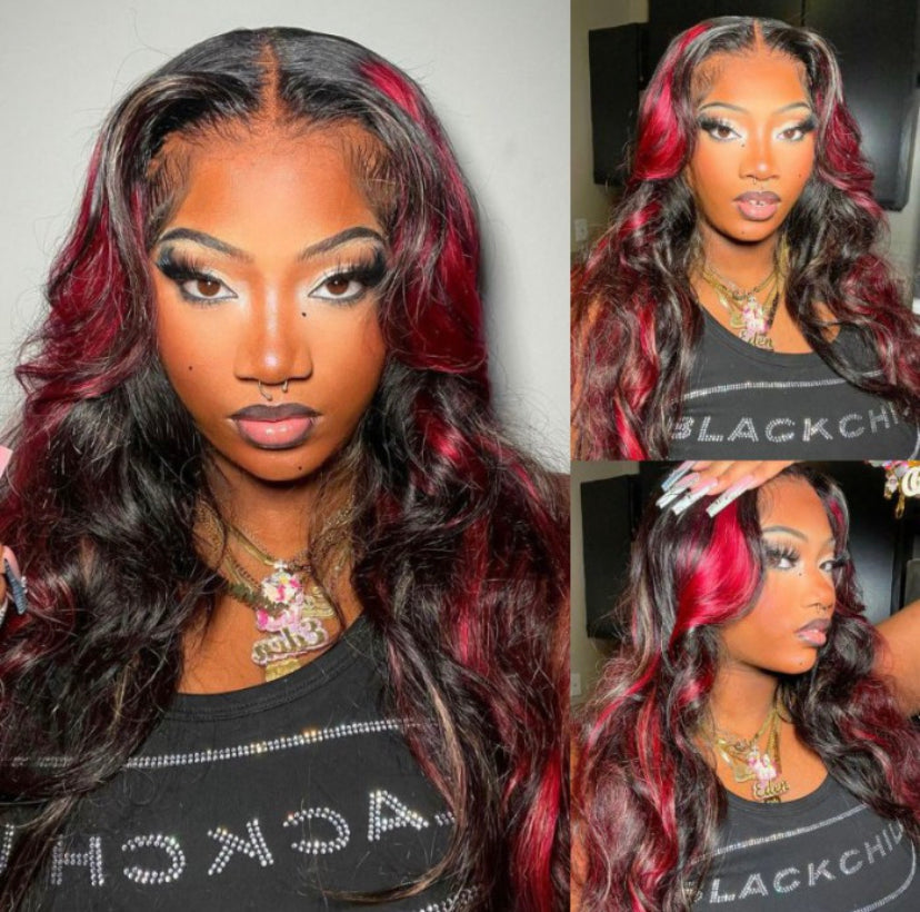 Lushlanes Noir avec des reflets rouges et blonds 13 × 4 Lace Front Perruque Loose Wave rouge et blonde 150%