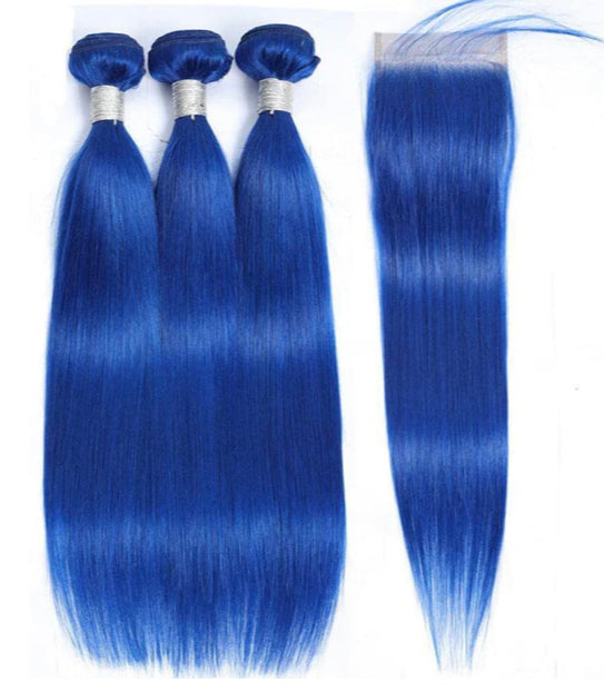 Lushlanes couleur bleue droite 3 paquets avec 4x4 HD fermeture à lacets Extensions de cheveux humains