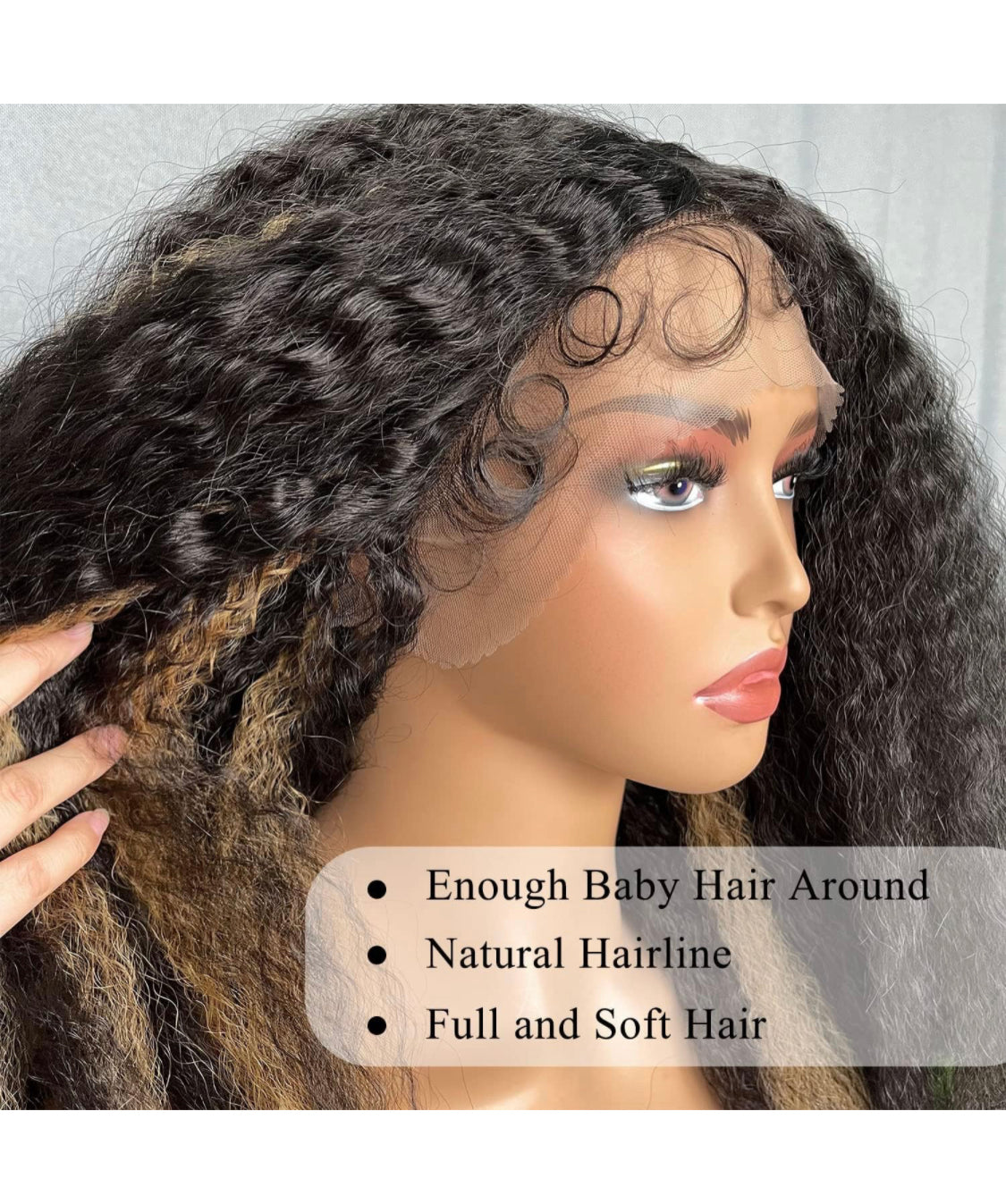 Lushlanes Afro Curly Lace Front Wig, Brown Synthetic Highlights, Kinky Straight with Curly Ends, Crimp to Curl T Part, Transparent Lace Front Wig for Black Women