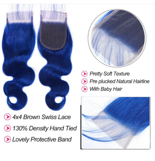 Lushlanes Blue Colored Body Wave 3
Bundles with 4x4 HD Lace Closure
Human Hair Extensions