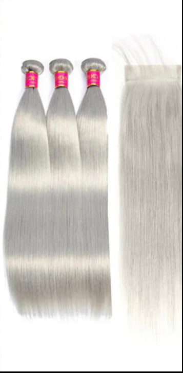 Lushlanes silver Grey Straight 3 Bundles With 4x4 Closure 100% Remy Human Hair