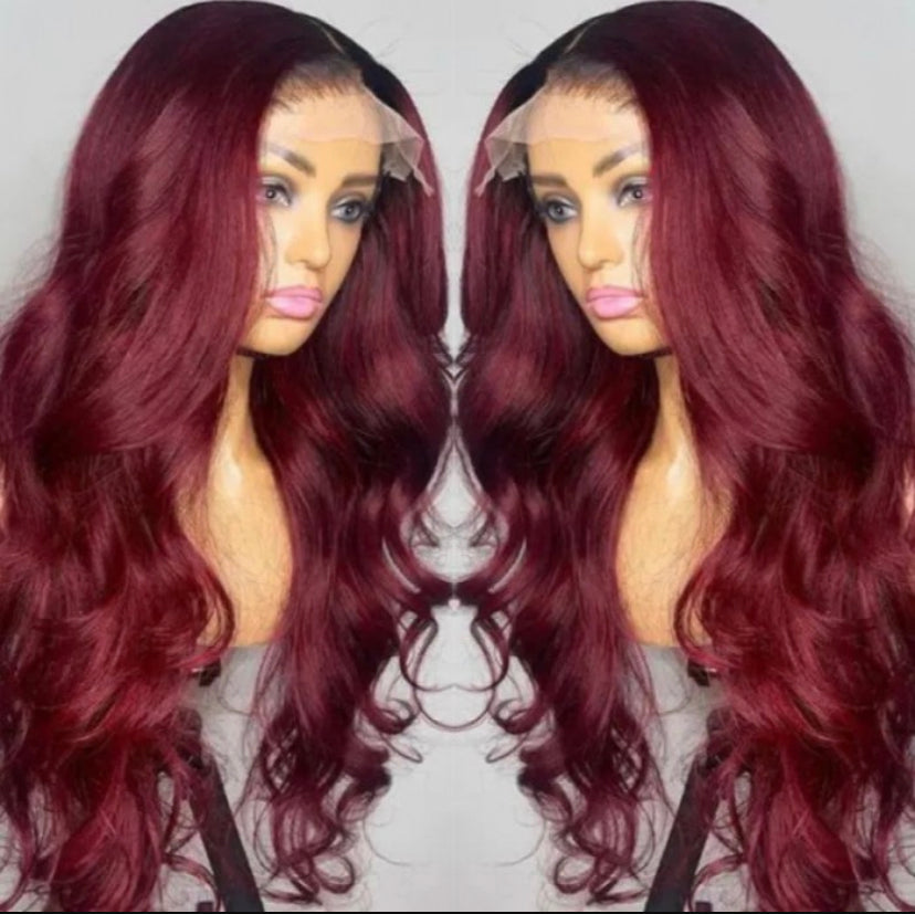 Lushlanes 13×4 Lace Front Burgundy Red With Dark Roots Body Wave Wig 150% Density