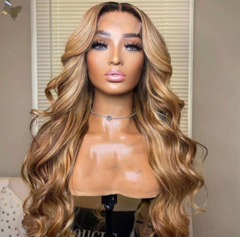 Lushlanes Ombre Brown Hair Honey Blonde Lace Front Wigs For Black Women Body Wave Virgin Human Hair Highlight Lace Frontal Wigs 180% Density