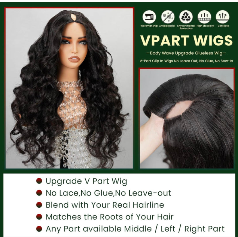 Lushlanes V Part Wig Cheveux Humains Vague de Corps Perruques de Cheveux Humains Brésiliens pour Femmes Noires Sans ColleTête Complète Clip en Demi Perruque Forme en V Perruques Sans laisser de côté Couleur Naturelle 150%