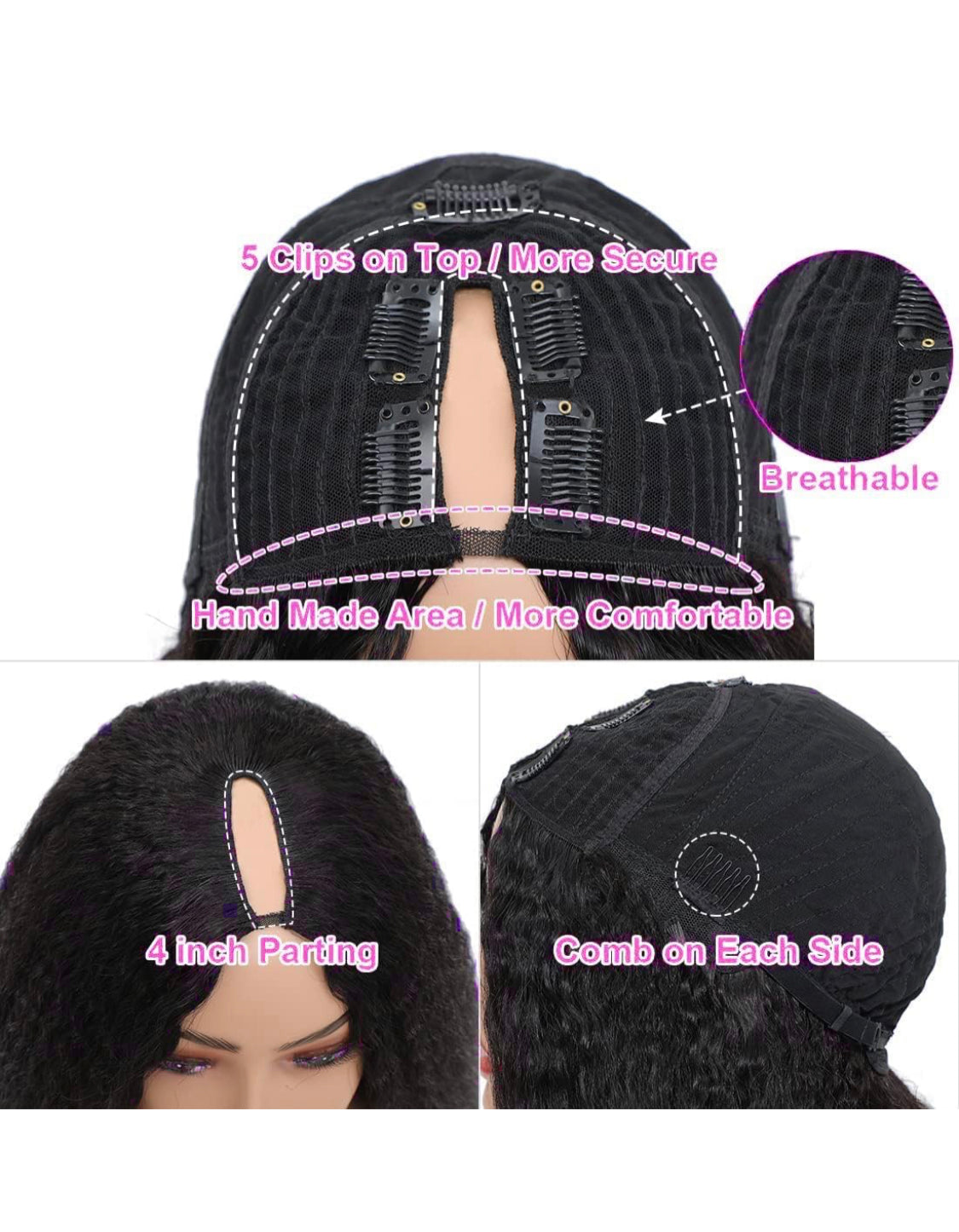 Lushlanes Perruques de cheveux humains V Part pour femmes noires, cheveux crépus raides 12A, cheveux vierges sans dentelle, perruques de cheveux humains, tête complète à clipser, demi-perruque 150 %