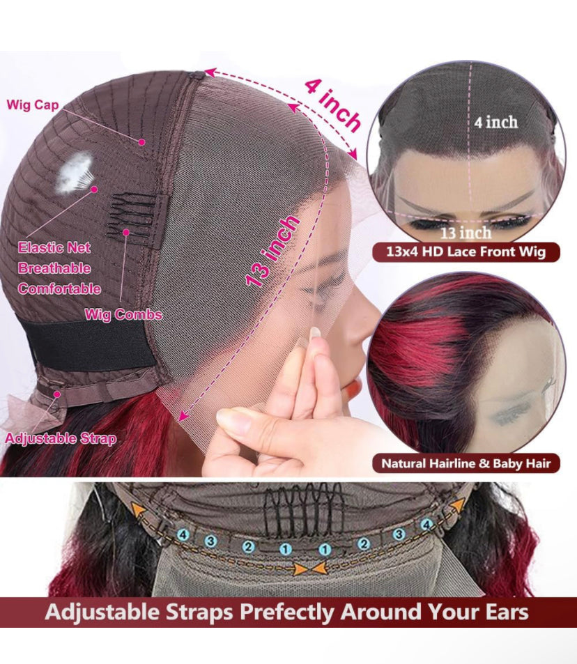 Lushlanes Red With Black Highlights Body Wave Lace Front Wig Human Hair 13X4 HD Lace Front Wig Burgundy Colored Body Wave Wigs Pre Plucked With Baby Hair 180% density