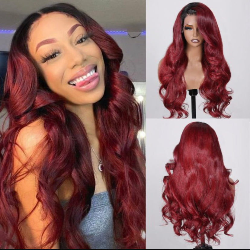 Lushlanes 13×4 Lace Front Burgundy Red With Dark Roots Body Wave Wig 150% Density