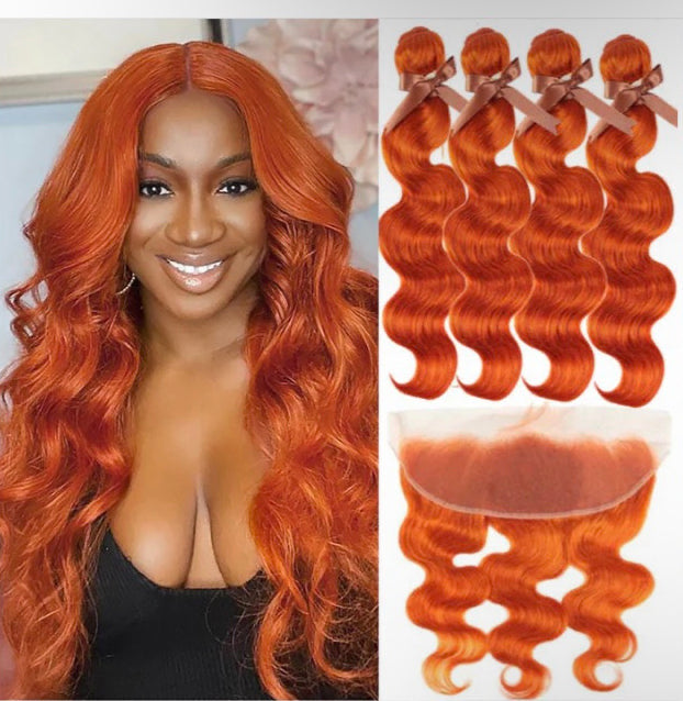 Lushlanes #350 Ginger Colored Body Wave 4 Bundles With 13×4 Lace Frontal