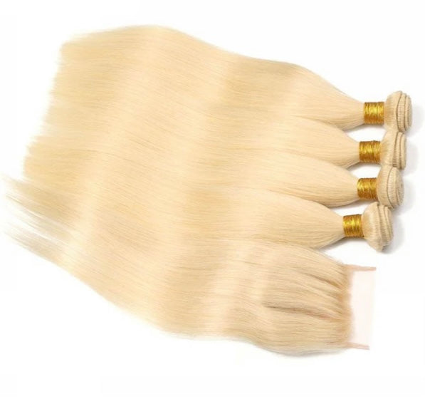 Lushlanes 613 Blonde droite 4 paquets avec fermeture 4*4 cheveux humains vierges