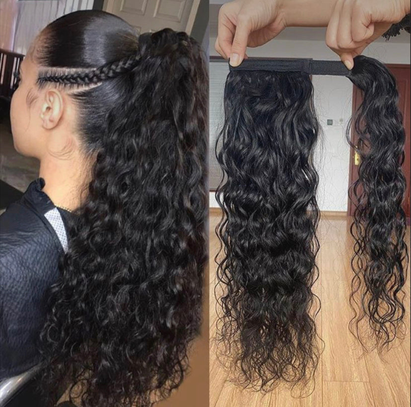 Lushlanes Ponytail Extensions Human Hair Ponytail Natural Black Water Wave