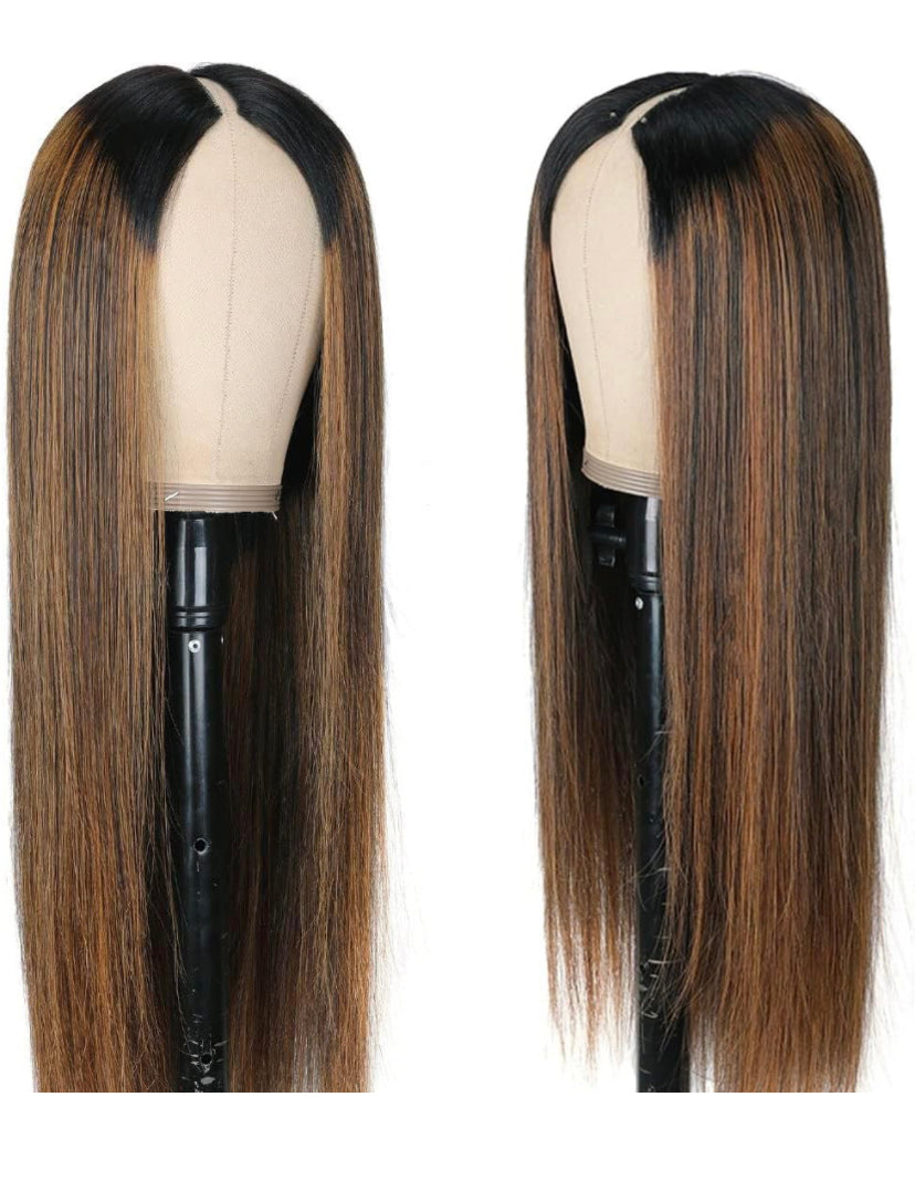 Lushlanes Highlight V Part Wigs Human Hair Straight Brazilian Virgin Human Hair Wigs Ombre Brown 150%
