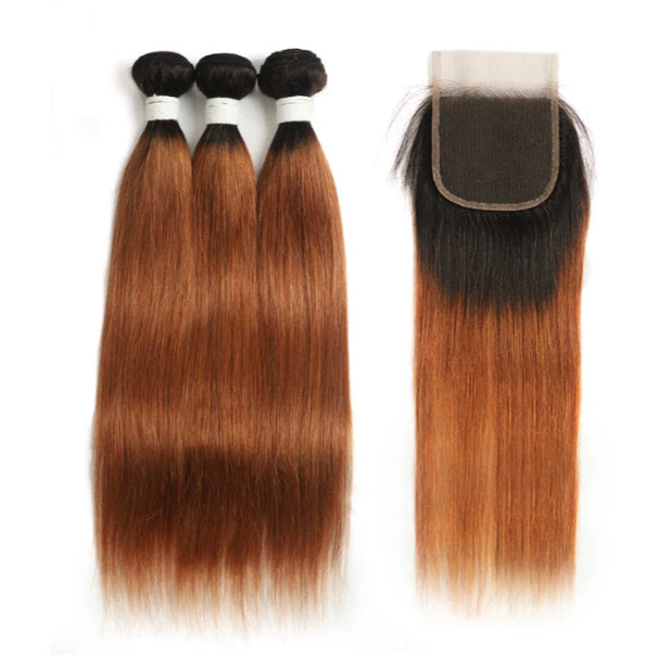 Lushlanes Ombre 1B/30 Straight Hair 3 Bundles With Closure 4×4 pre Colored 100% virgin human hair