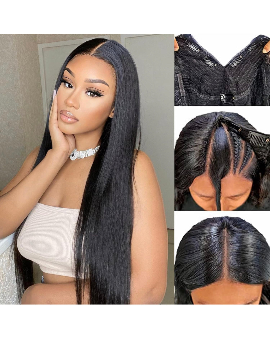 Lushlanes Glueless V Part Human Hair Wig, Straight Clip-in Human Hair Wigs for Black Women, Seamless, No Side Parting, Suitable for Beginners, Natural Black 150%