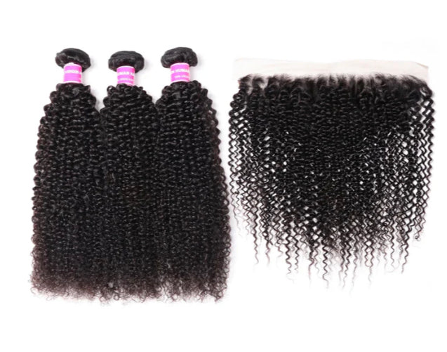 Lushlanes Malaysian Kinky Curly 3 Bundles with 13*4 Lace Frontal Virgin human Hair