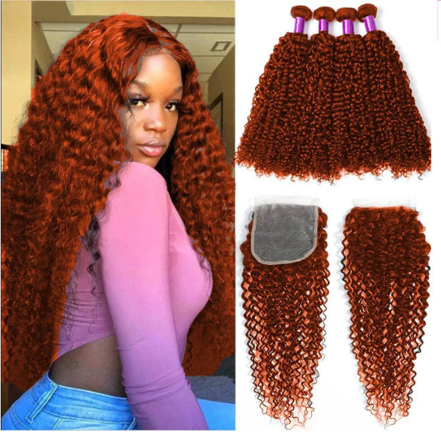 Lushlanes #350 Ginger
Kinky Curly 4 Bundles With 4X4 Lace Closure
Brazilian Remy Human Hair