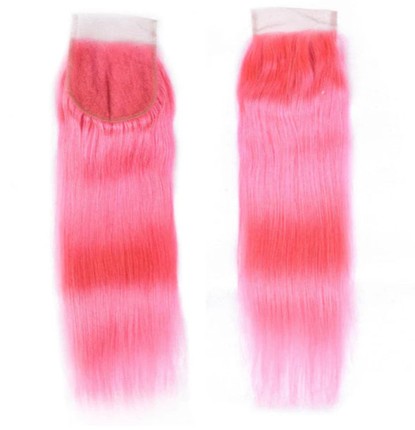 Lushlanes Light Pink Color Straight Hair 3 Bundles with 4x4 HD Lace Closure Human Hair Extensions