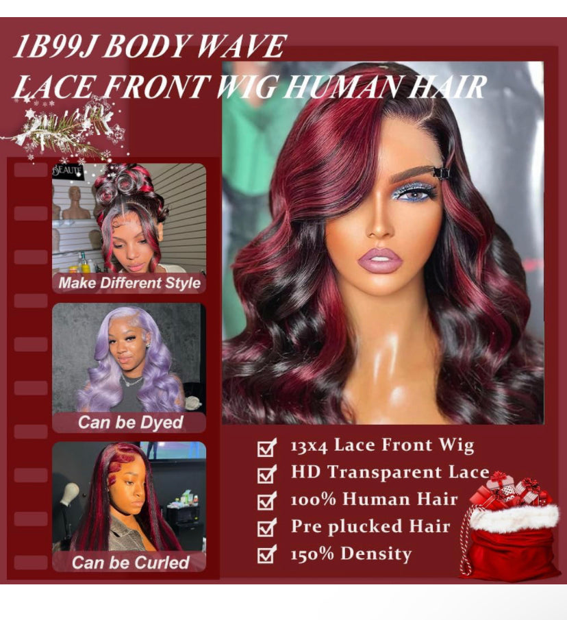 Lushlanes Red With Black Highlights Body Wave Lace Front Wig Human Hair 13X4 HD Lace Front Wig Burgundy Colored Body Wave Wigs Pre Plucked With Baby Hair 180% density