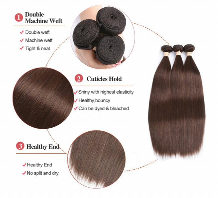 Lushlanes #4 Brown Straight Hair 3 Bundles With 13×4 Lace Frontal Pre Colored