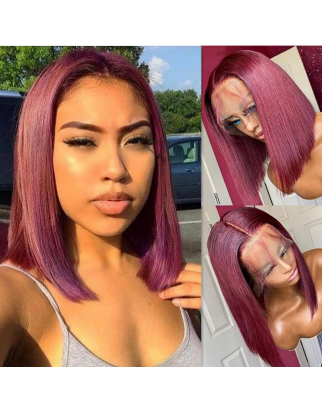 Lushlanes Short Straight Burgundy Human Hair Wigs 99j 13×4 Lace Front Wigs for Women, Light Bleached Knot, 180% Density, Human Hair Burgundy 99j