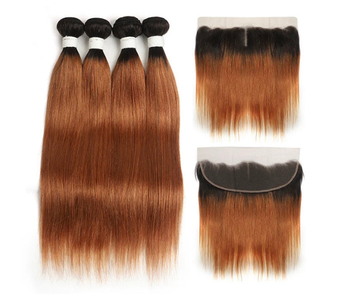 Lushlanes 1B/30 Ombre Straight Hair 4Bundles With 13x4 Lace Frontal Pre Colored