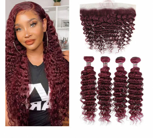 Lushlanes Red Bundles #99j Deep Wave 4 Bundles with 13x4 Frontal with transparent lace